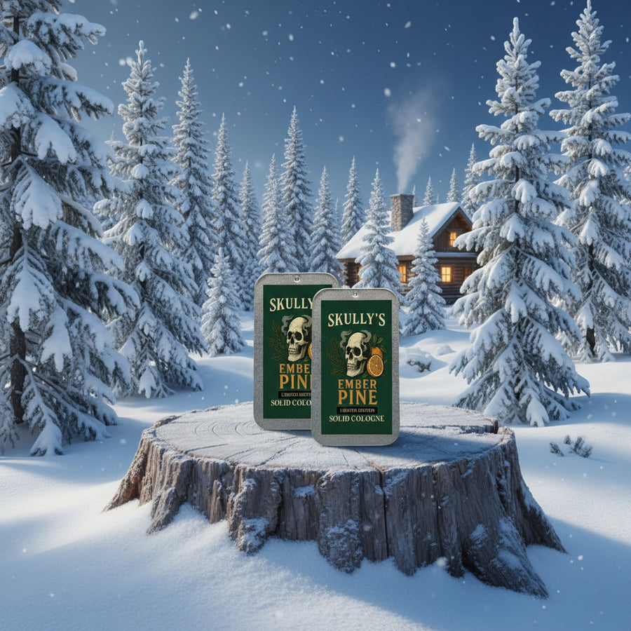 Two packages of Skully's Ember Pine solid cologne on a white background