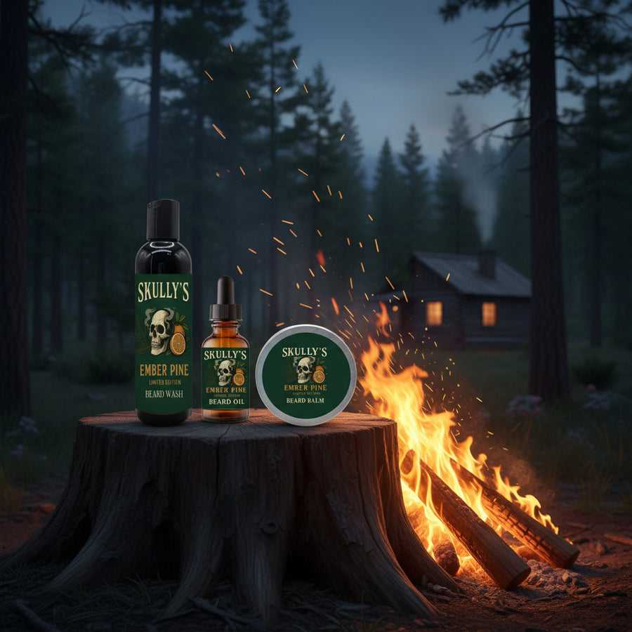 Skully's Ember Pine beard care product set including wash, oil, and balm on a white background.