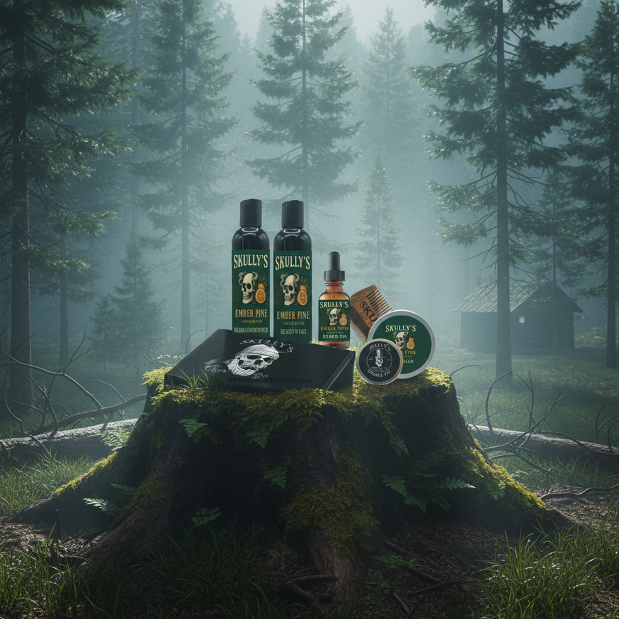 Skully's Ember Pine beard care product set including bottles, oil, balm, and comb on a white background.