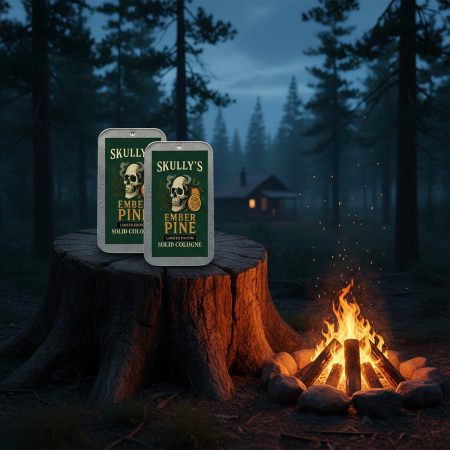 Two packages of Skully's Ember Pine solid cologne on a white background