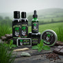 Collection of Skully's Irish Mint beard and body care products on a white background