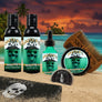 Skully's beard care product set with bottles, balm, and comb on a white background