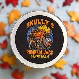 Skully's Pumpkin Jack Beard Balm container with Halloween-themed design on a white background
