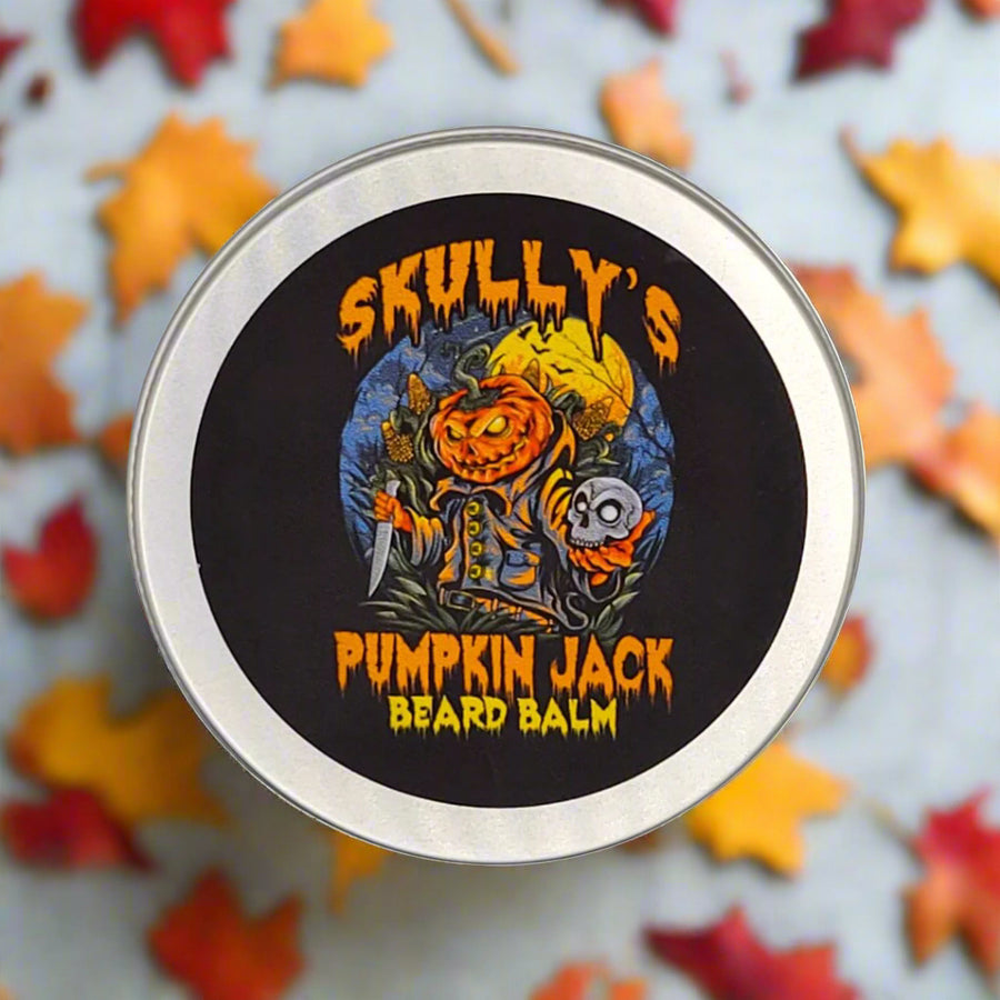 Skully's Pumpkin Jack Beard Balm container with Halloween-themed design on a white background