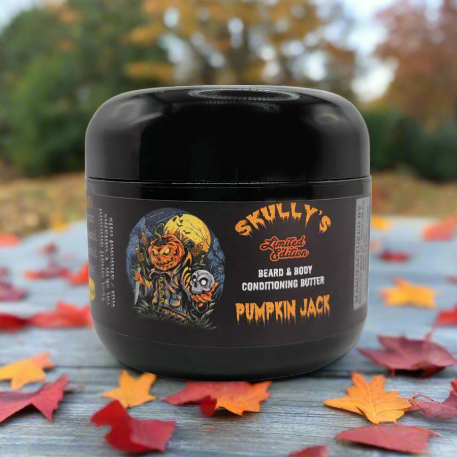 Skully's Pumpkin Jack beard and body conditioning butter jar on a white background