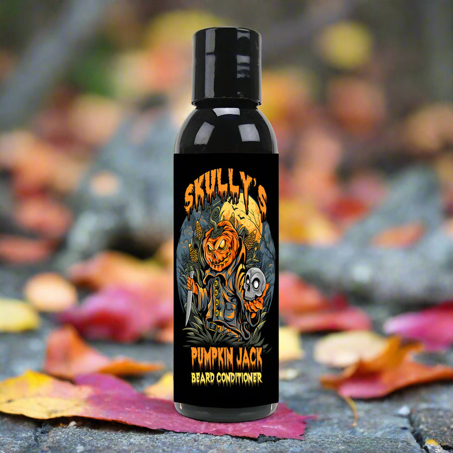 Skully's Pumpkin Jack Beard Conditioner bottle with a Halloween-themed label on a white background
