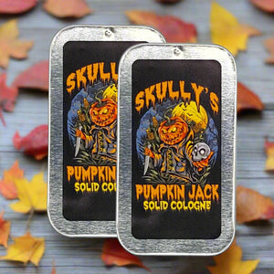 Two packages of Skully's Pumpkin Jack Solid Cologne with a jack-o'-lantern design on a white background.