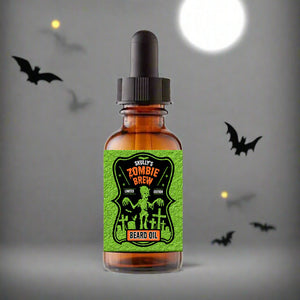 Skully's Zombie Brew beard oil bottle with green label on a white background