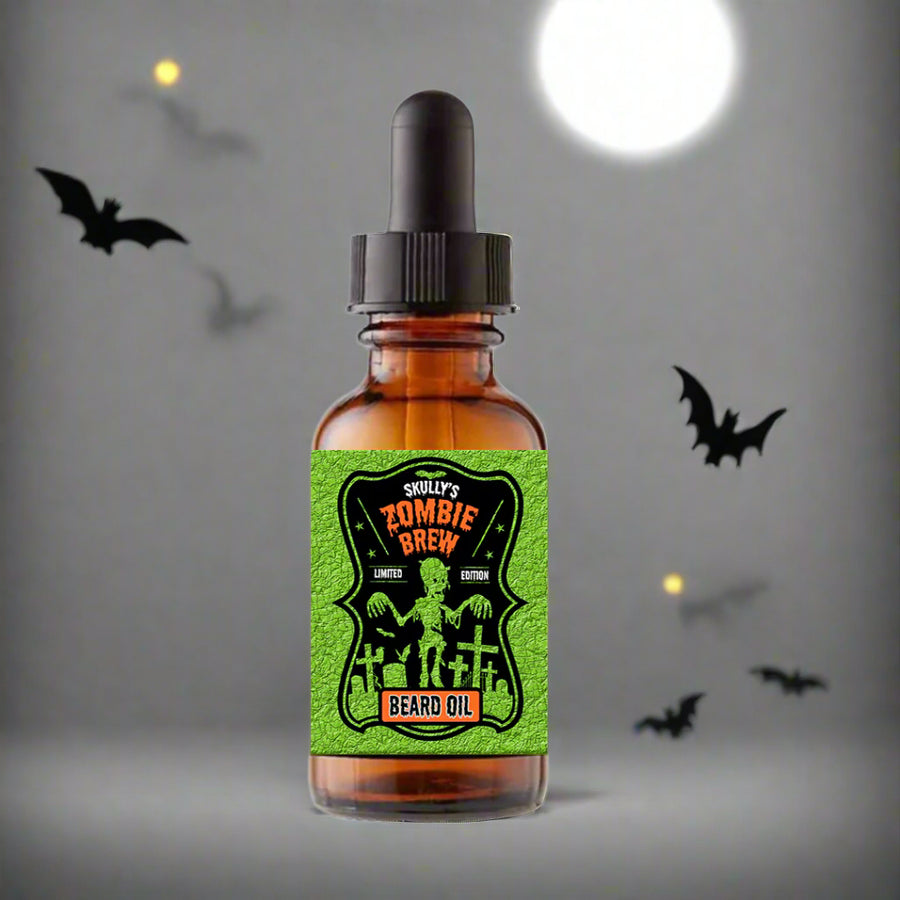 Skully's Zombie Brew beard oil bottle with green label on a white background