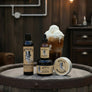 Skully's Sires Root Beer grooming products including beard wash, oil, and balm on a white background.