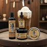 Skully's Sires Root Beer grooming products including beard wash, oil, and balm on a white background.