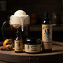 Skully's Root Beer themed beard care products on a white background