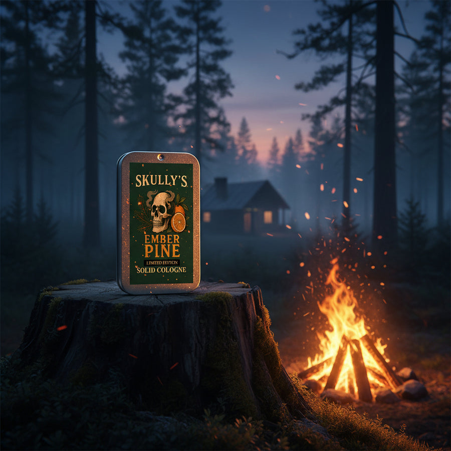 Skully's Ember Pine solid cologne packaging with skull and pine branch design on a green background.