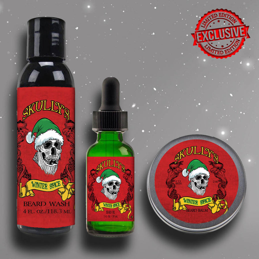 "Winter Spice" beard oil, beard balm, beard wash Combo Pack (Holiday Limited Edition) Available Until Dec. 31st by Skullys Beard Oil.