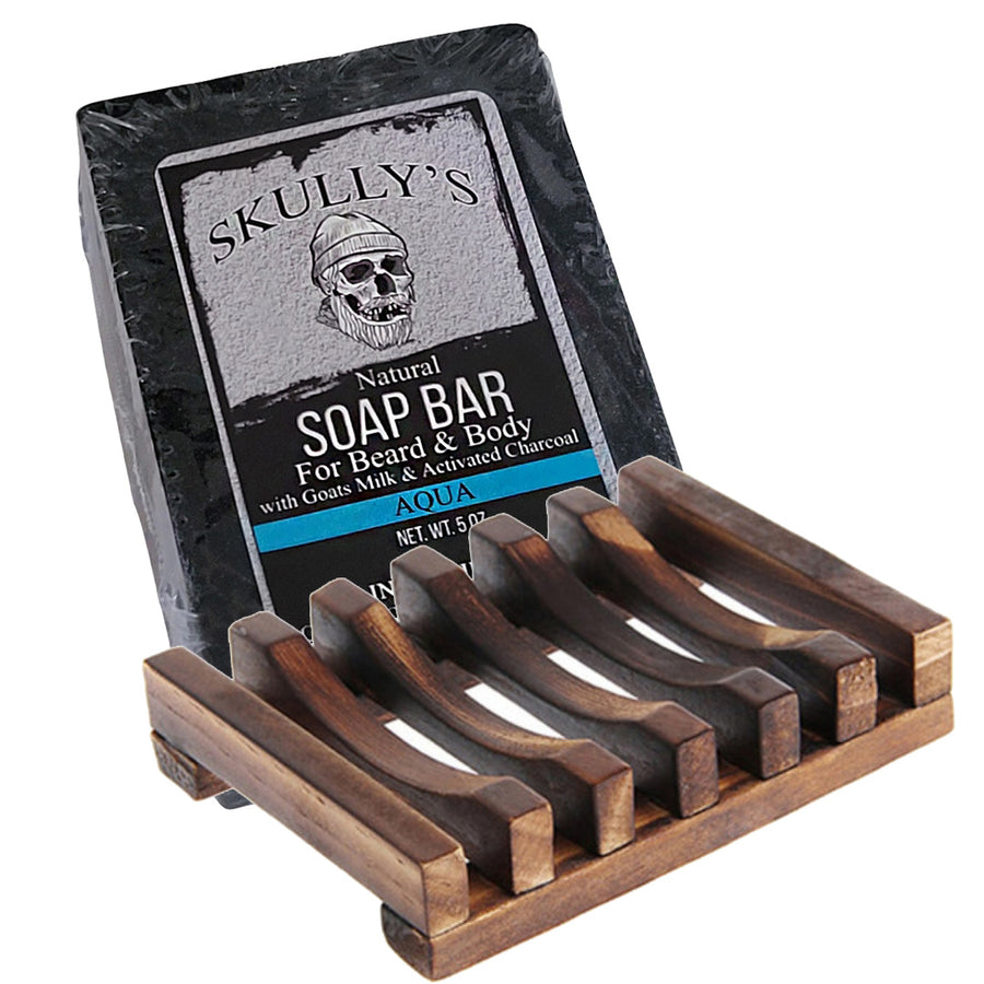 Skully’s Aqua Beard & Body goats milk Activated Charcoal Bar Soap & Wooden Soap Bar Dish Pack