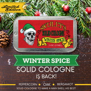 peppercorn, bergamot, oakmoss winter spice solid cologne by skullys beard oil